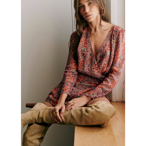 Sezane Noemia Mini Wrap Dress in Purple Flowers Long Sleece Boho NEW Size 46 - Picture 3 of 13